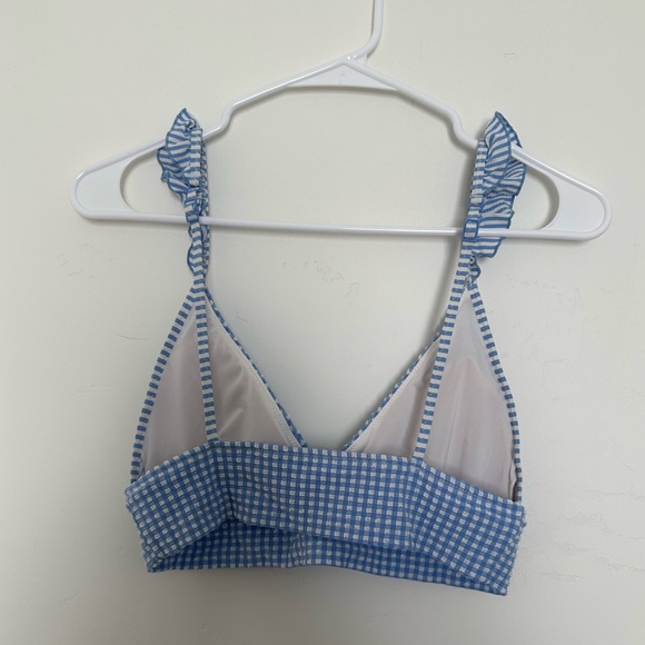 AERIE seersucker ruffle longline triangle bikini top plaid blue and white Size S - Picture 5 of 10